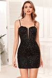 Black Bodycon Spaghetti Straps Sequins Short Homecoming Dress with Criss Cross Back
