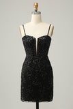 Black Sheath Spaghetti Straps Sequins Short Homecoming Dress with Criss Cross Back