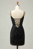 Black Sheath Spaghetti Straps Sequins Short Homecoming Dress with Criss Cross Back