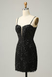 Black Sheath Spaghetti Straps Sequins Short Homecoming Dress with Criss Cross Back