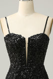 Black Sheath Spaghetti Straps Sequins Short Homecoming Dress with Criss Cross Back