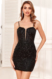 Black Bodycon Spaghetti Straps Sequins Short Homecoming Dress with Criss Cross Back