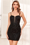 Black Bodycon Spaghetti Straps Sequins Short Homecoming Dress with Criss Cross Back