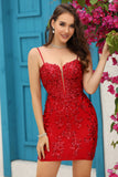 Red Bodycon Spaghetti Straps Sequins Short Homecoming Dress with Criss Cross Back