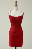 Dark Red Sheath Spaghetti Straps Short Homecoming Dress with Appliques