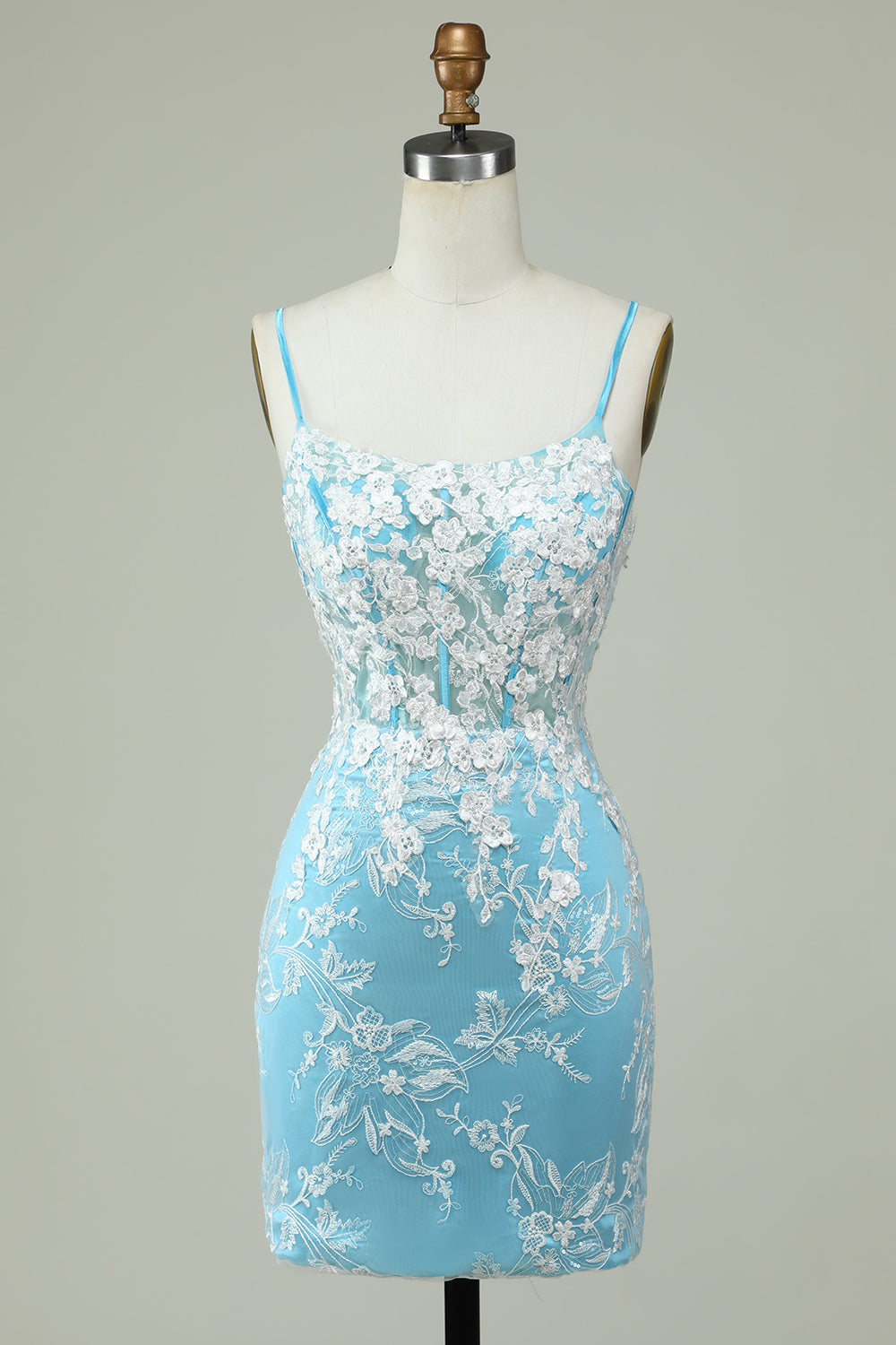 Light Blue Sheath Spaghetti Straps Short Homecoming Dress with Appliques