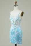 Light Blue Sheath Spaghetti Straps Short Homecoming Dress with Appliques