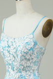 Light Blue Sheath Spaghetti Straps Short Homecoming Dress with Appliques