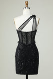 Black Bodycon One Shoulder Corset Short Homecoming Dress with Appliques