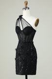 Black Bodycon One Shoulder Corset Short Homecoming Dress with Appliques