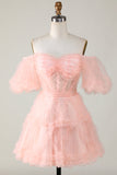 Cute Blush A line Tulle Off The Shoulder Short Homecoming Dress