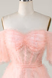 Cute Blush A line Tulle Off The Shoulder Short Homecoming Dress