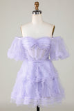 Purple Stylish A Line Off the Shoulder Tulle Corset Homecoming Dress