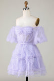 Purple Stylish A Line Off the Shoulder Tulle Corset Homecoming Dress