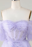 Purple Stylish A Line Off the Shoulder Tulle Corset Homecoming Dress