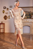 Champagne Sequins Great Gatsby Fringed Flapper Dress with Sleeve