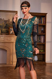 Sequins Dark Green Great Gatsby Fringed Flapper Formal Dress with Sleeve