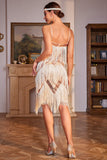 Spaghetti Straps Champagne Sequins Party Dress with Fringes