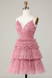 Blush Cute A Line Spaghetti Straps Short Homecoming Dress with Ruffles