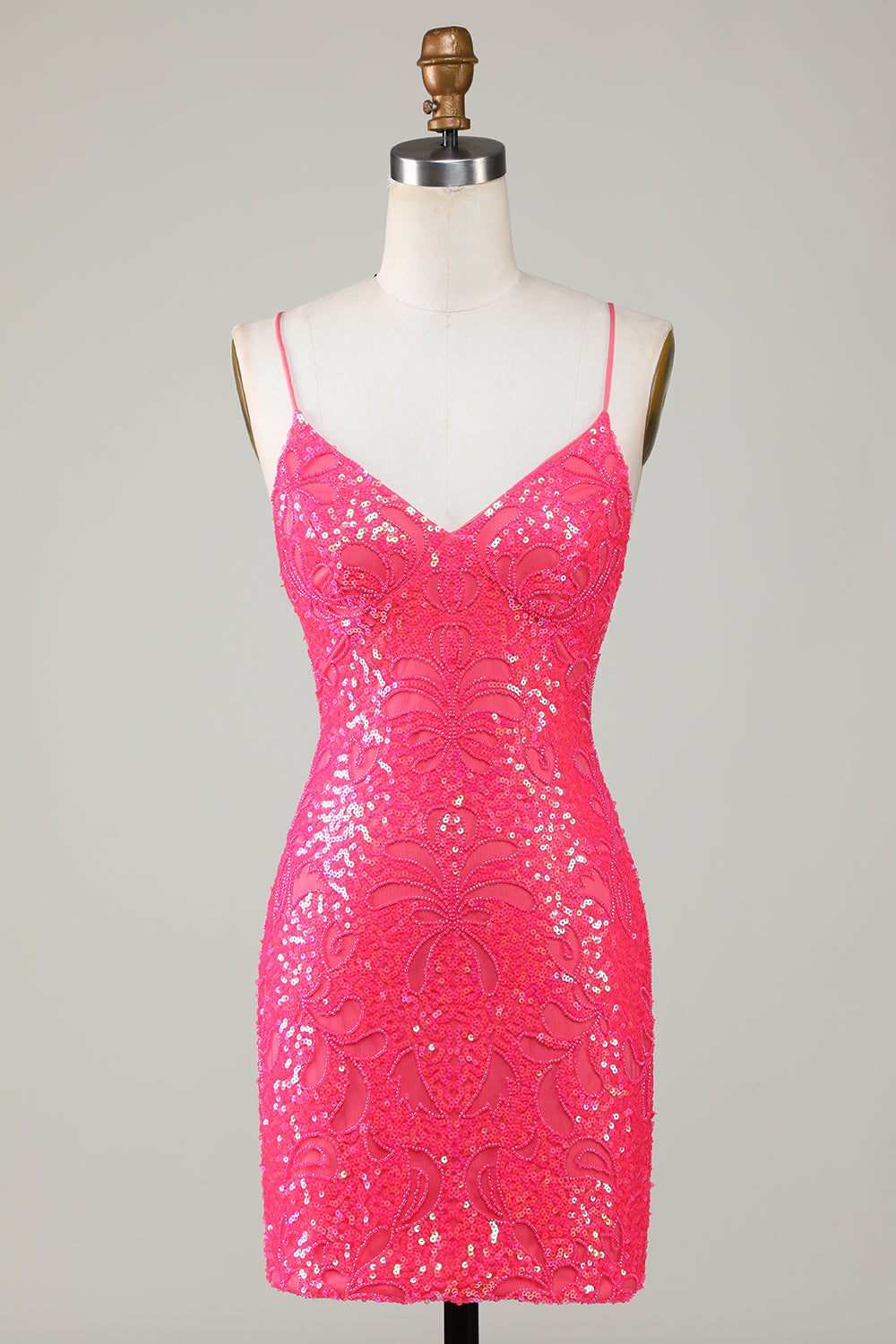 Sparkly Fuchsia Spaghetti Straps Beaded Tight Short Homecoming Dress Sparkly Fuchsia Spaghetti Straps Beaded Tight Short Homecoming Dress