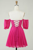 Fuchsia  A-Line CorsetChiffon Short Homecoming Dress with Lace