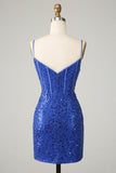 Sparkly Royal Blue Bodycon Spaghetti Straps Homecoming Dress