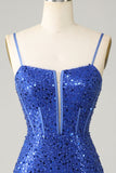 Sparkly Royal Blue Bodycon Spaghetti Straps Homecoming Dress