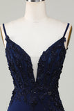 Sparkly Navy Tight Corset Short Homecoming Dress with Lace
