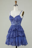 Sparkly Dark Blue Spaghetti Straps Corset Homecoming Dress