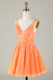 Glitter Orange A Line V Neck Sequins Short Homecoming Dress