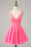 Sparkly Fuchsia Sequined V Neck Backless Short Homecoming Dress