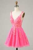 Sparkly Fuchsia Sequined V Neck Backless Short Homecoming Dress