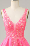 Sparkly Fuchsia Sequined V Neck Backless Short Homecoming Dress