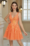 Glitter Orange A Line V Neck Sequins Short Homecoming Dress