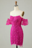 Fuchsia Sheath Off the Shoulder Short Homecoming Dress With Appliques