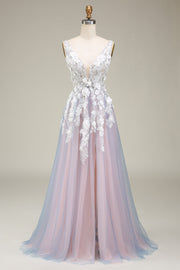 Gorgeous Grey Pink A Line Deep V Neck Long Prom Dress with Appliques