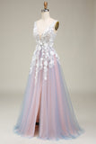 Gorgeous Grey Pink A Line Deep V Neck Long Prom Dress with Appliques