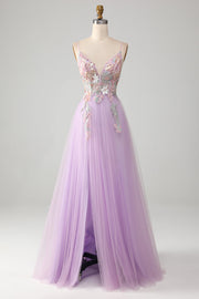 Glitter Lilac A-Line Spaghetti Straps Long Prom Dress with Flowers