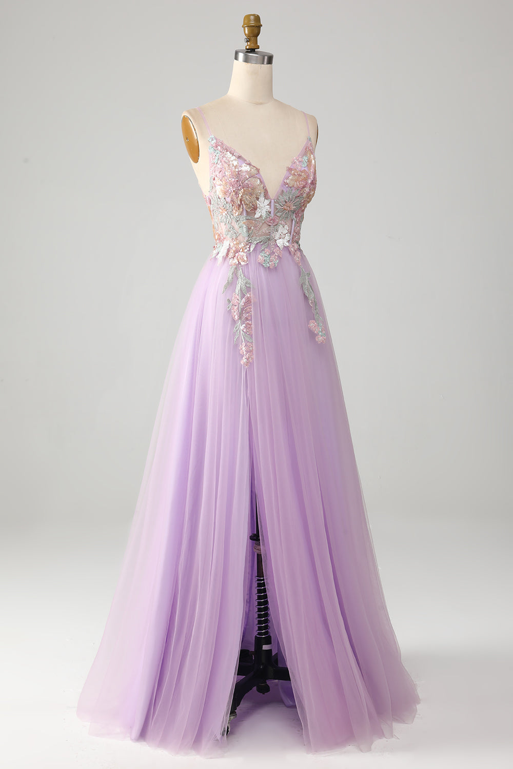 Glitter Lilac A-Line Spaghetti Straps Long Prom Dress with Flowers