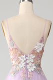 Glitter Lilac A-Line Spaghetti Straps Long Prom Dress with Flowers