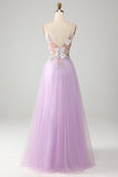 Glitter Lilac A-Line Spaghetti Straps Long Prom Dress with Flowers