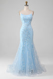 Blush Mermaid Spaghetti Straps Long Prom Dress with Appliques