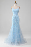 Sparkly Light Blue Mermaid Beaded Long Prom Dress With Appliques