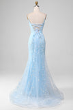 Blush Mermaid Spaghetti Straps Long Prom Dress with Appliques