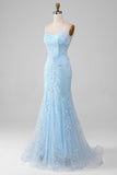 Sparkly Light Blue Mermaid Beaded Long Prom Dress With Appliques