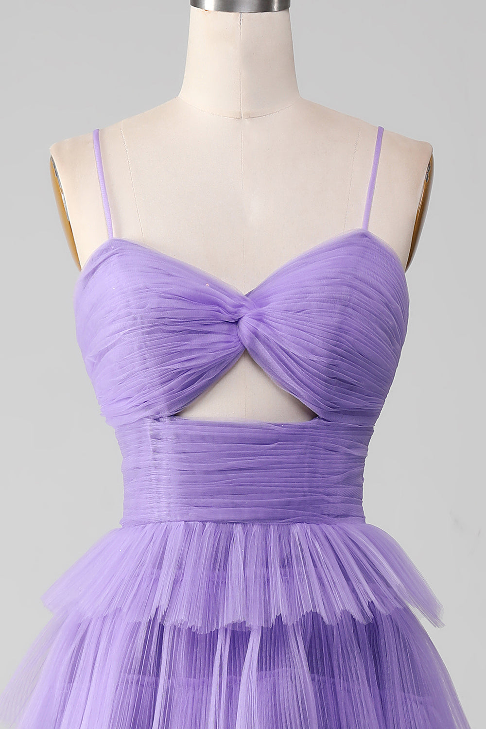 Purple Tulle A-Line Spaghetti Straps Tiered Long Prom Dress with Slit
