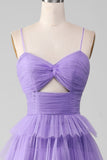 Purple Tulle A-Line Spaghetti Straps Cut Out Tiered Long Prom Dress with Ruffle Slit