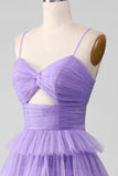 Purple Tulle A-Line Spaghetti Straps Cut Out Tiered Long Prom Dress with Ruffle Slit