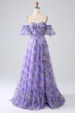 Lavender A Line Off the Shoulder Printed Prom Dress with Removable Sleeves