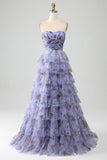 Lavender A-Line Off the Shoulder Floral Printed Tiered Prom Dress with Pleated
